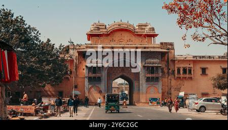 Jaipur, Rajasthan, India. Auto Rickshaw Or Tuk-tuk, Cars Drive Fortress Gates In Jaipur. Moving On Street In Morning. Traffic In City Street. Every Stock Photo