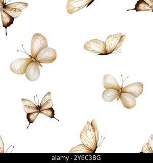 Seamless pattern with boho butterflies. Watercolor hand drawn beige insect clipart isolated on background. Botanical and wedding illustration. For des Stock Photo