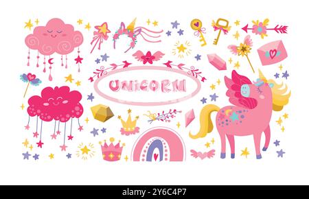 Big vector cute unicorn flat. Fairytale patch icon collection with funny unicorn, rainbow, clouds, falling star. Cute flat magic fantasy world illustr Stock Vector