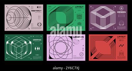 Abstract Brutalism posters and banners with wireframe isometric 3D shapes, vector backgrounds. Brutal Y2K posters with abstract geometric shapes and wireframe grid or line elements in brutalism art Stock Vector