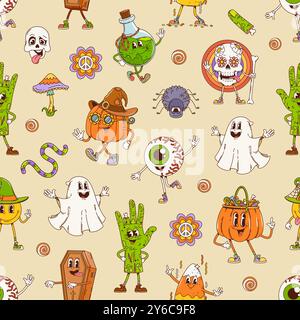 Groovy Halloween characters seamless pattern. Helloween horror holiday vector background with cartoon hippie pumpkins, psychedelic ghosts and funky skulls. Groovy Halloween trick or treat characters Stock Vector
