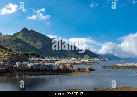 Landscape with rocky coast at Vestfjord, Sorvagen, Lofoten, Norway, Europe Stock Photo