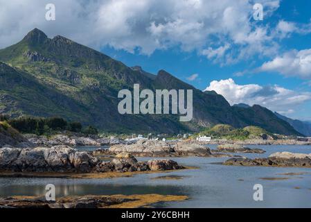 Landscape with rocky coast at Vestfjord, Sorvagen, Lofoten, Norway, Europe Stock Photo