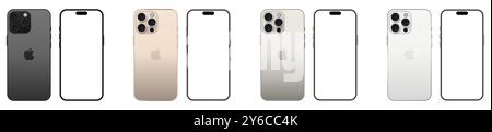 Set of New Apple iPhone 16 Pro in different colors. Mockup screen front and back view. Editorial vector Stock Vector