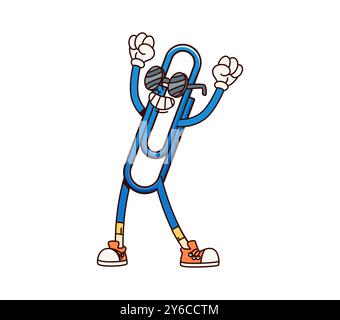 Groovy school clip character wearing sunglasses and sneakers. Cartoon vector retro paperclip, educational stationery personage raised fists and playful expression, exudes funky vibe and excitement Stock Vector