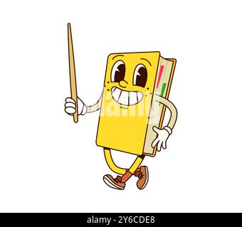 Book groovy character with pointer stick. Isolated cartoon vector textbook. Cute yellow notebook or diary teacher or tutor, educational personage happily explain lesson, information or presentation Stock Vector
