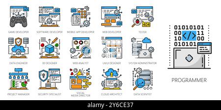 Web development color line icons. IT specialist, career and job vacancy vector symbols of programmer, tester, game, software and app developer, system administrator, data engineer and UI designer Stock Vector