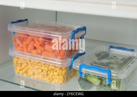 Plastic containers with different frozen vegetables in refrigerator, closeup Stock Photo