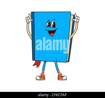 Book groovy character. Isolated cartoon vector school notebook with blue cover, bookmark showing pointing gesture with fingers up. Lively textbook personage with big expressive eyes and cheerful smile Stock Vector