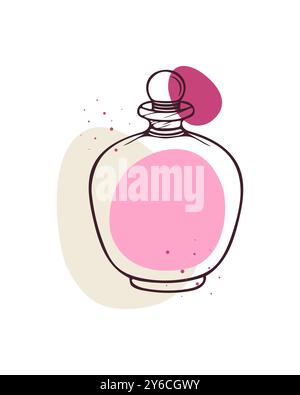 Womans perfume bottle with abstract pink shapes on minimalistic background. Logo emblem icon. Drawing of glass bottle with doodles, perfume spray for Stock Vector