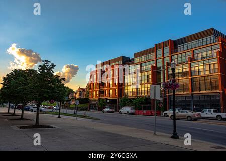 Lexington, Kentucky, USA-June 19, 2017:  Cityscape of Main Street in downtown Lexington at sunset. Stock Photo