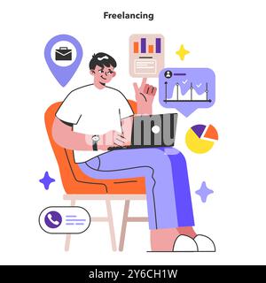 Freelancing. Male character working remotely through the internet. Idea of jop independency and free flexible schedule. Digital nomad idea. Flat vector illustration Stock Vector