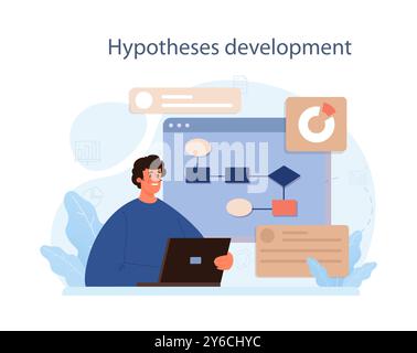 Predictive analytics. Process of using and processing data to forecast future outcome. Business ideas or decisions development. Character developing a hypothesis. Flat vector illustration Stock Vector