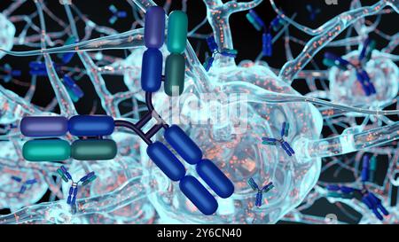 3D renderings of antibody molecules and brain cells, Antibodies can ...