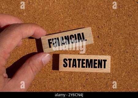 Financial statement message written on wooden blocks with brown background. Conceptual financial statement symbol. Copy space. Stock Photo