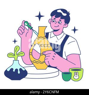 Retreat activity. Male character relaxing while making pottery. Creative artistic hobby. Modern practice for body and mind wellness. Flat vector illustration Stock Vector