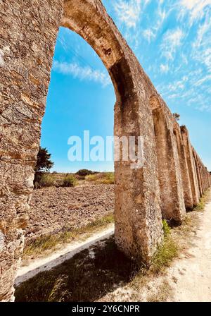 Ancient stone aqueduct under a clear blue sky, highlighting historical ...