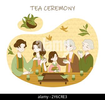 Tea ceremony rules and process. Japanese or chinese characters preparing and drinking green tea. Traditional asian culture, hot green tea pot, small cups and spoons. Flat vector illustration Stock Vector