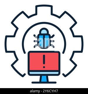 Gear with PC Bug colored icon - Computer Virus vector concept sign or design element Stock Vector