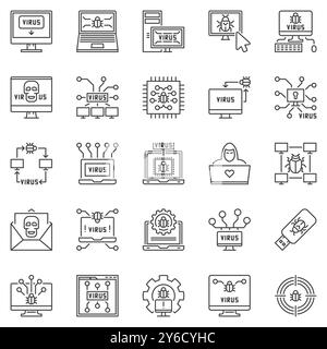 Computer Virus outline icons set - PC bugs and Viruses signs. Computer Attack concept vector line symbols Stock Vector