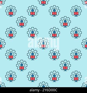 Gear with PC Bug colored seamless pattern - Computer Virus vector concept background Stock Vector