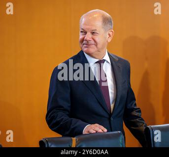 Berlin, Deutschland. 25th Sep, 2024. Olaf Scholz (SPD), Federal Chancellor, on the sidelines of a cabinet meeting in Berlin, September 25, 2024. Credit: dpa/Alamy Live News Stock Photo