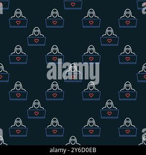 Hacker with Laptop vector concept outline seamless pattern Stock Vector
