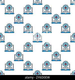 Vector Computer Virus or Bug on Laptop concept colored seamless pattern Stock Vector