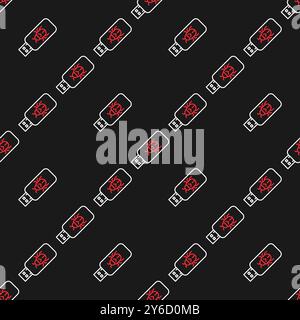 USB portable device with Computer Virus vector Security concept thin line seamless pattern Stock Vector