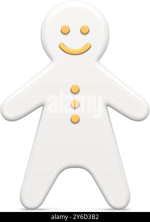 Smiling white glossy gingerbread man decorated by golden premium design elements realistic Christmas bauble vector illustration. Cute traditional Xmas Stock Vector