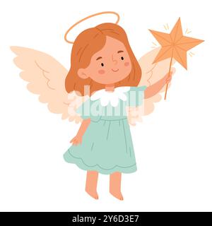 Christmas angel holding a star on a white background.Cute angel holding Christmas star in hand.Christmas concept. Stock Vector