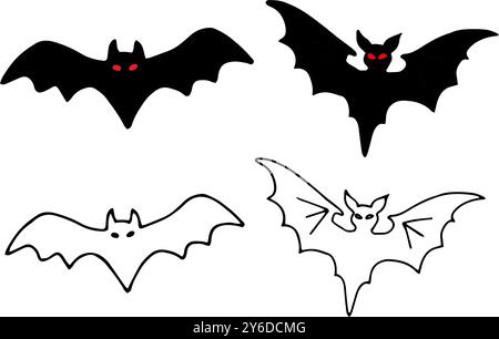 Bat silhouette with red eyes. Black outline drawing for Halloween. Hand drawn isolated graphic clipart. Simple Doodle style. Line illustration of Stock Vector