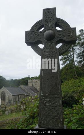 Celtic Cross in Nevern Church, Nevern, Pembrokeshire, Wales Stock Photo