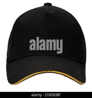 Front View of Black Baseball Cap with Yellow Edge Stock Photo