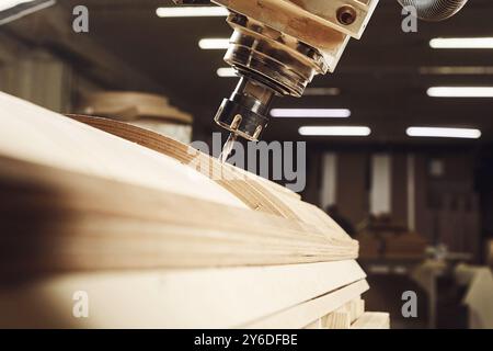 four-axis numerically controlled woodworking machine cuts out complex lines on the canvas. CNC, computer control. Stock Photo