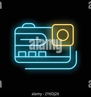 Glowing neon line credit card with chip icon isolated on black background. Colorful outline concept. Vector illustration Stock Vector