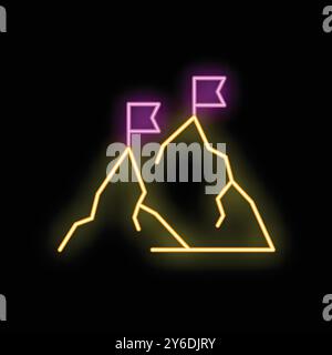 Neon sign representing the concept of reaching goals with flags on mountain peaks Stock Vector