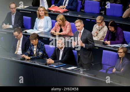 Berlin, Deutschland. 25th Sep, 2024. Christian Lindner (FDP), Federal Minister of Finance, photographed during his opening statement in the German Bundestag in Berlin, September 25, 2024. Credit: dpa/Alamy Live News Stock Photo