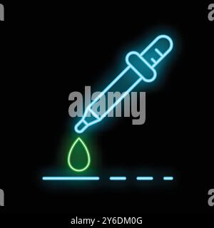 Glowing neon line icon of a pipette dropping chemical liquid isolated on a black background for your design, concept of chemistry Stock Vector
