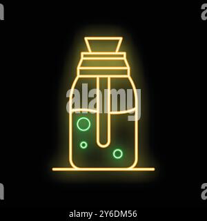 Glowing neon line icon of a french press coffee maker brewing a fresh cup of coffee isolated on a black background Stock Vector