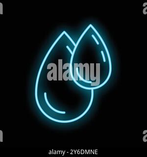 Bright blue neon sign depicting two water drops glowing on black background Stock Vector