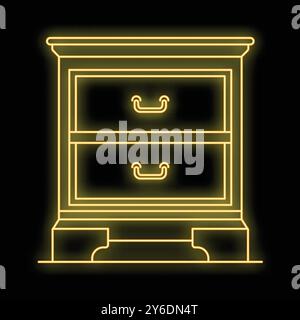 Glowing neon icon of a classic two drawer wooden nightstand is standing on a dark background Stock Vector