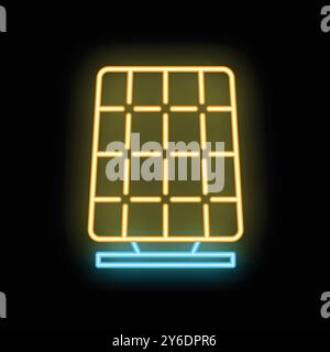 Yellow and blue neon icon of a solar panel glowing on a dark background Stock Vector