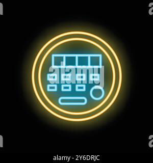 Glowing neon icon of a remote control, featuring buttons and a display, set against a dark background Stock Vector