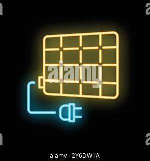 Neon solar panel generating electricity with plug icon on black background Stock Vector