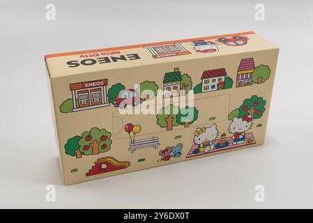 Fuji-shi, Shizuoka-ken, Japan - August 17, 2024: Cute Hello Kitty tissue box gift from ENEOS for its customers. Isolated on white background. Stock Photo