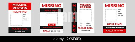 Set of missing person posters in red style with warning information. Stock Vector