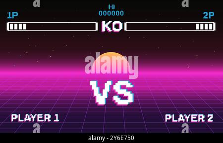 Fight retro game interface in pink style with white VS icon in pixel. Stock Vector
