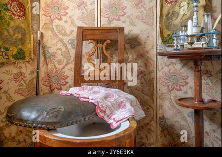 Vintage toilet exhibited at the Château de Boussac, a castle in the Creuse departement, France Stock Photo