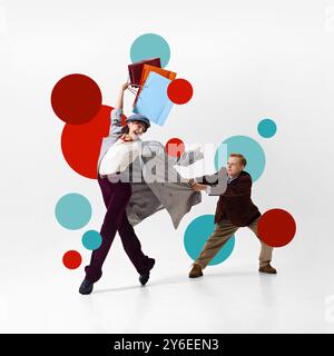 Happy woman proudly holding up her shopping bags, while man pulling her coat, trying to keep up with the Black Friday rush. Creative design. Stock Photo